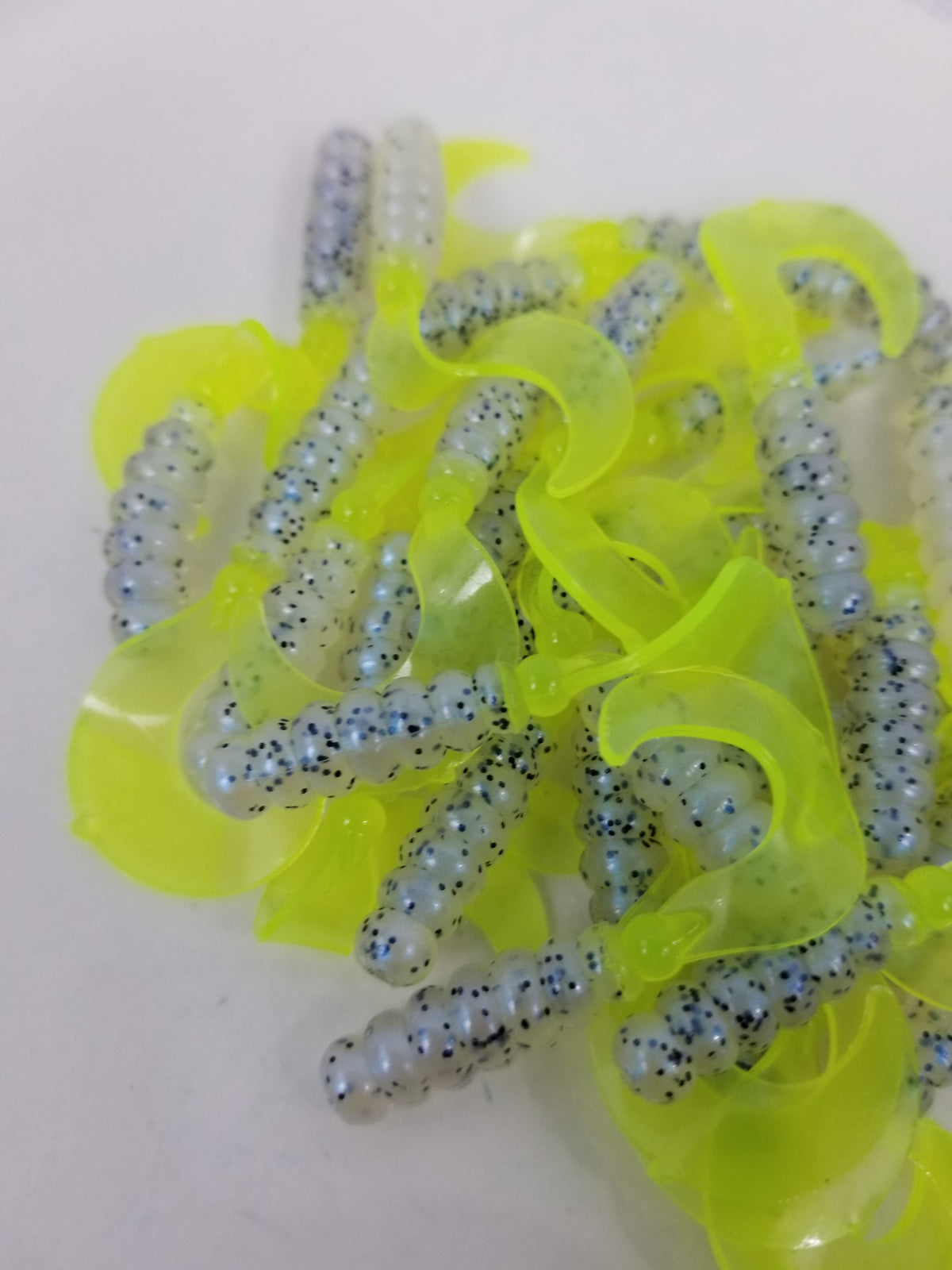 Cam's 2"(HOLOGRAM FLAKE)  Curly Tail Grub 40pc Monkey Milk & Chartreuse Curly Tail Crappie Soft Jigs  [A Cam's Exclusive]