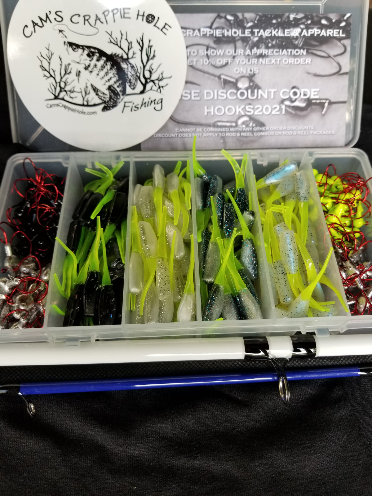 Cam's 10ft. 2pc. Yaannk Stik + 7 (BB) Cam's Xtralite Reel + Plastics and Hooks Kit