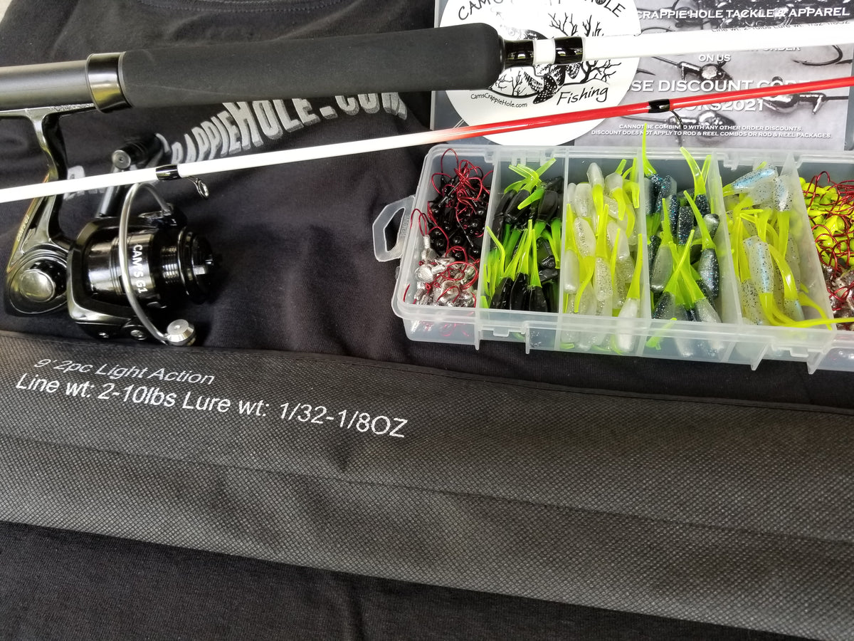 Cam's 9ft. 2pc. Yaannk Stik + 7 (BB) Cam's Xtralite Reel + Plastics and Hooks Kit