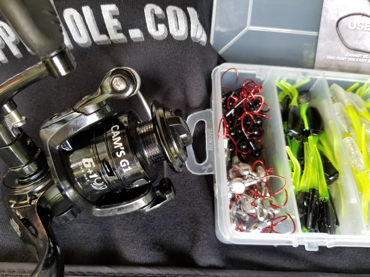 Cam's 9ft. 2pc. Yaannk Stik + 7 (BB) Cam's Xtralite Reel + Plastics and Hooks Kit