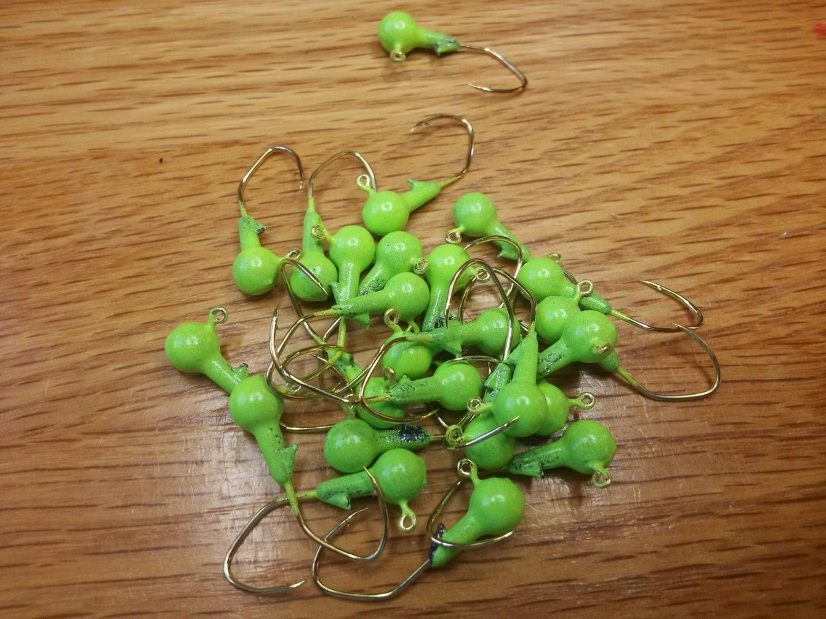 35 pk. 1/16 oz. Cam's Chartreuse Painted Jigs with Collar and #4 Gold "NASTY BEND HOOKS"