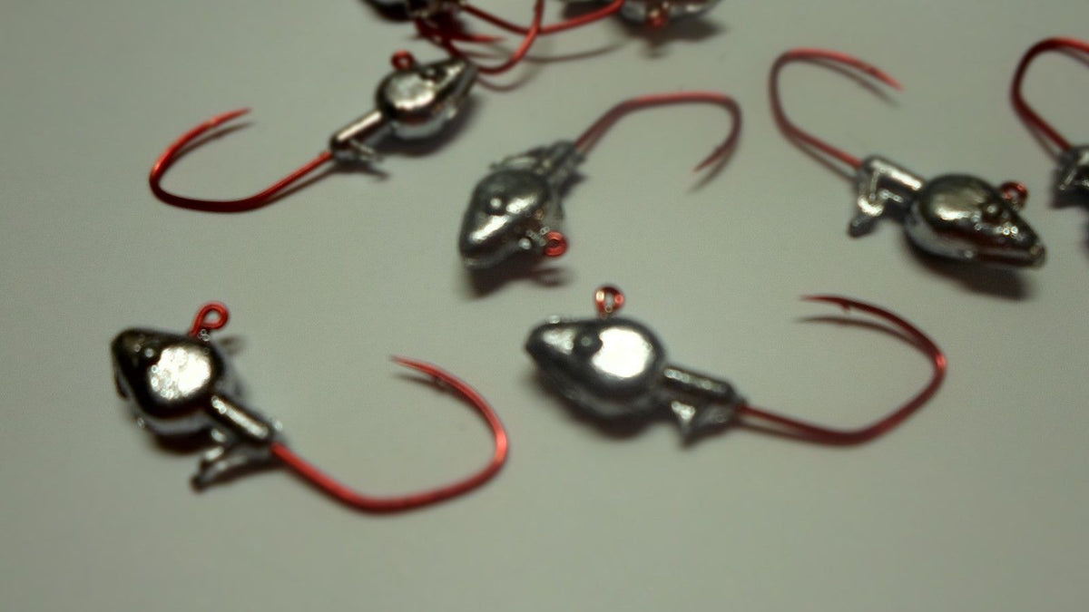 35ct.- 1/16 oz. Unpainted Cam's Minnow Head w/ #2 (Laser Sharp) Red Nasty Bend Hooks