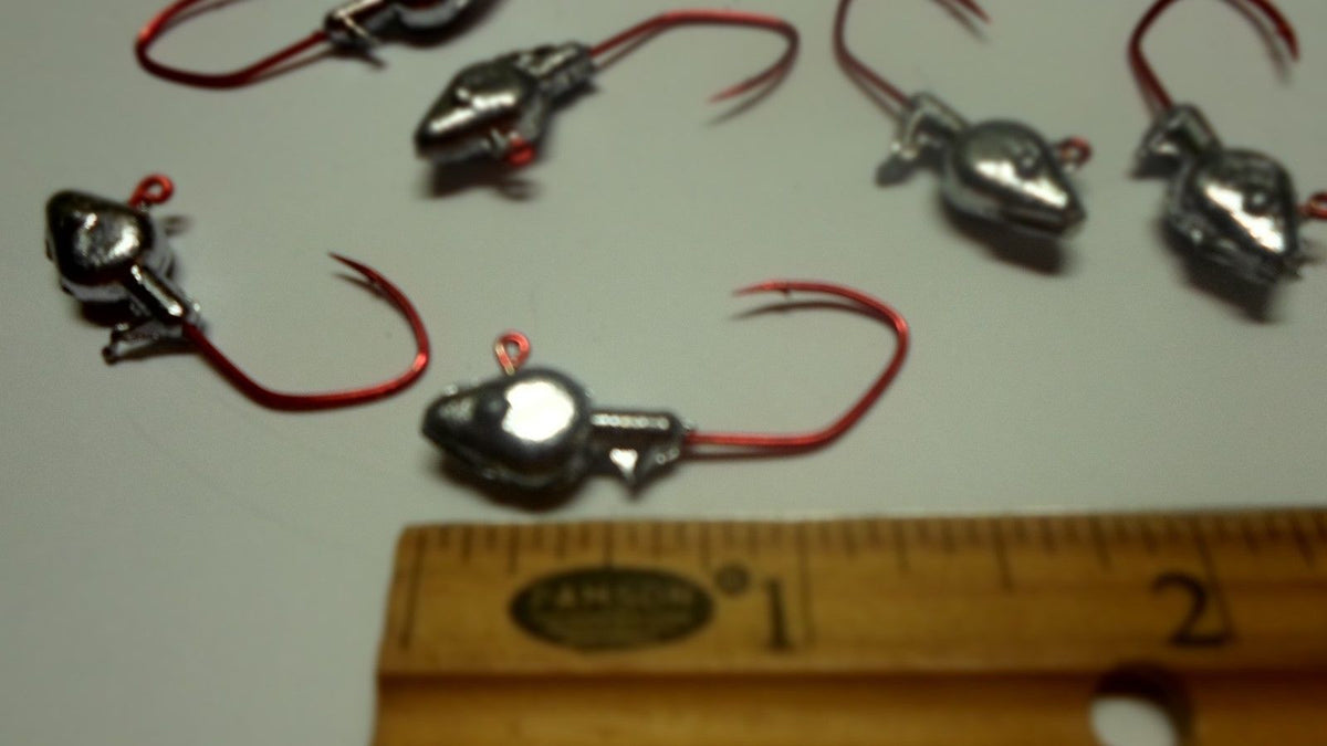 35ct.- 1/16 oz. Unpainted Cam's Minnow Head w/ #2 (Laser Sharp) Red Nasty Bend Hooks