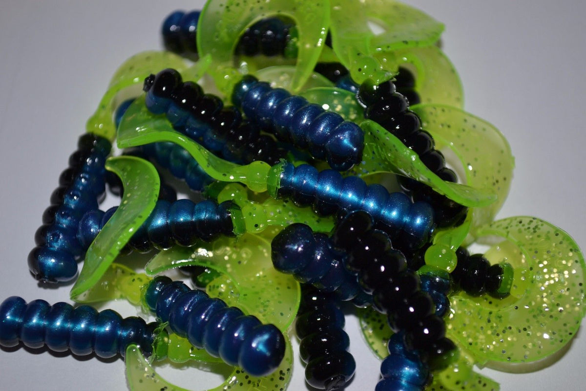 Cam's 2" Crappie Jigs 35pc Tri-Color Black & Blue Chartreuse Curly Tail Soft Jig