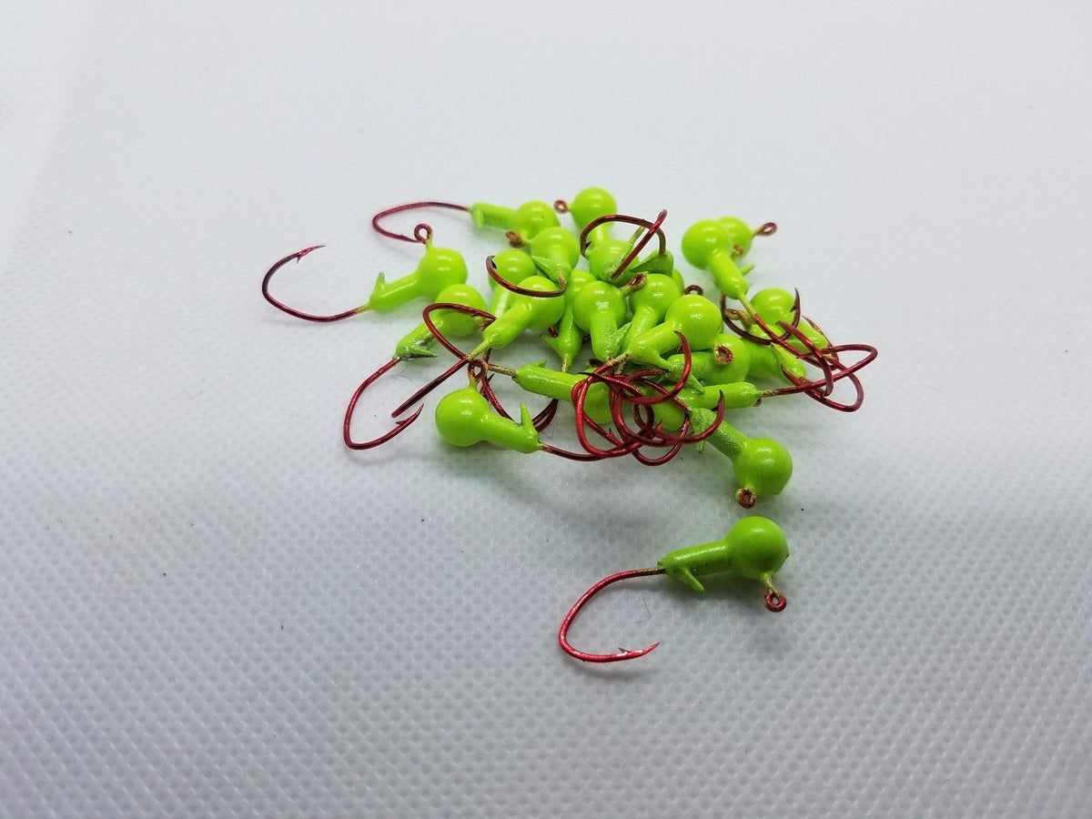 35 pk. 1/16 oz. Cam's Chartreuse Painted Jigs with Collar and #2 Red Chrome "NASTY BEND HOOK"