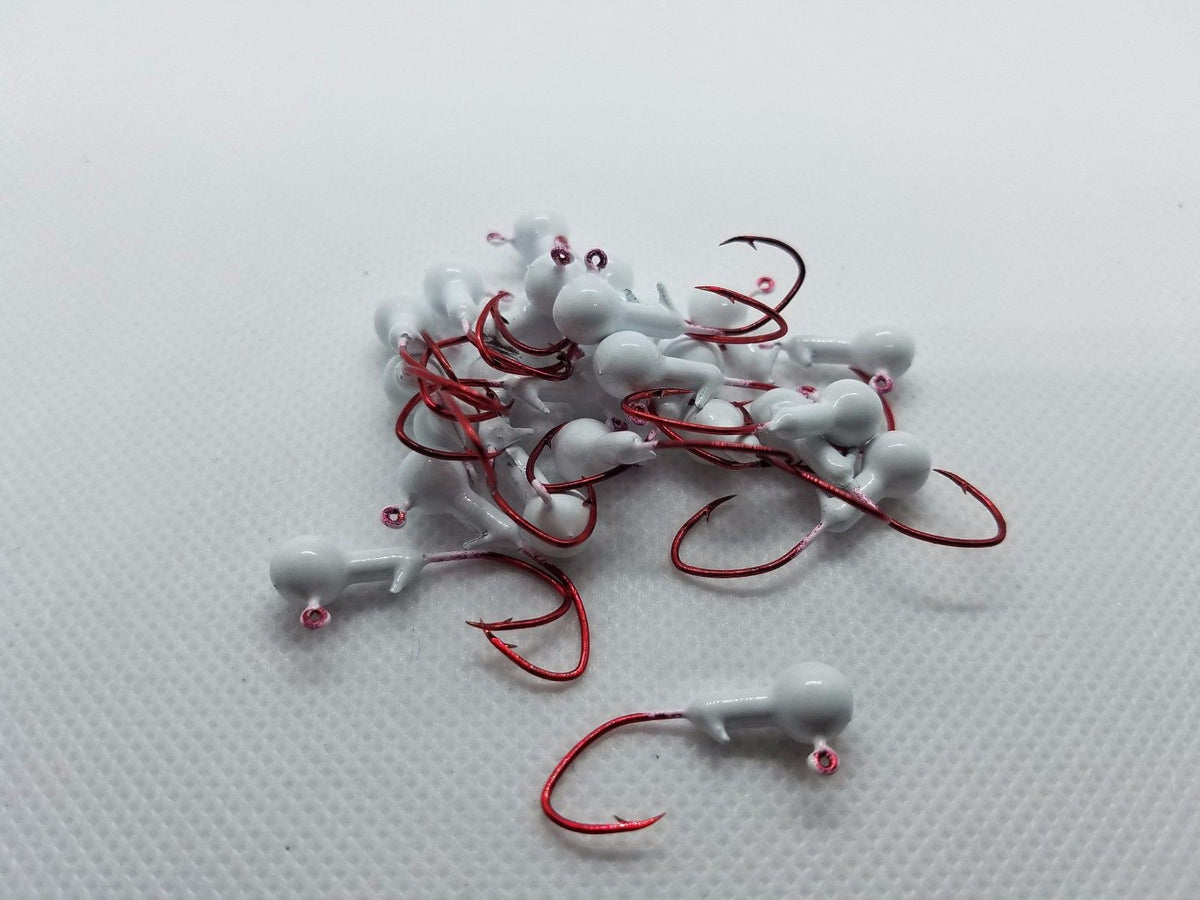 35 pk. 1/16 oz. Cam's White Painted Jigs with Collar and #2 Red Chrome "NASTY BEND HOOK"