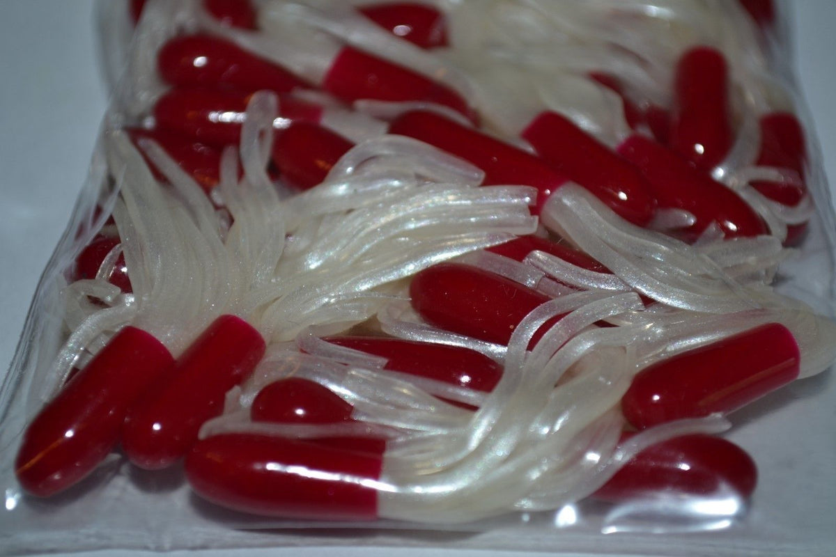 Cam's 35 pc Glow-n-Dark Red and Pearl Dragon 1.5" Tube Crappie Soft Jigs