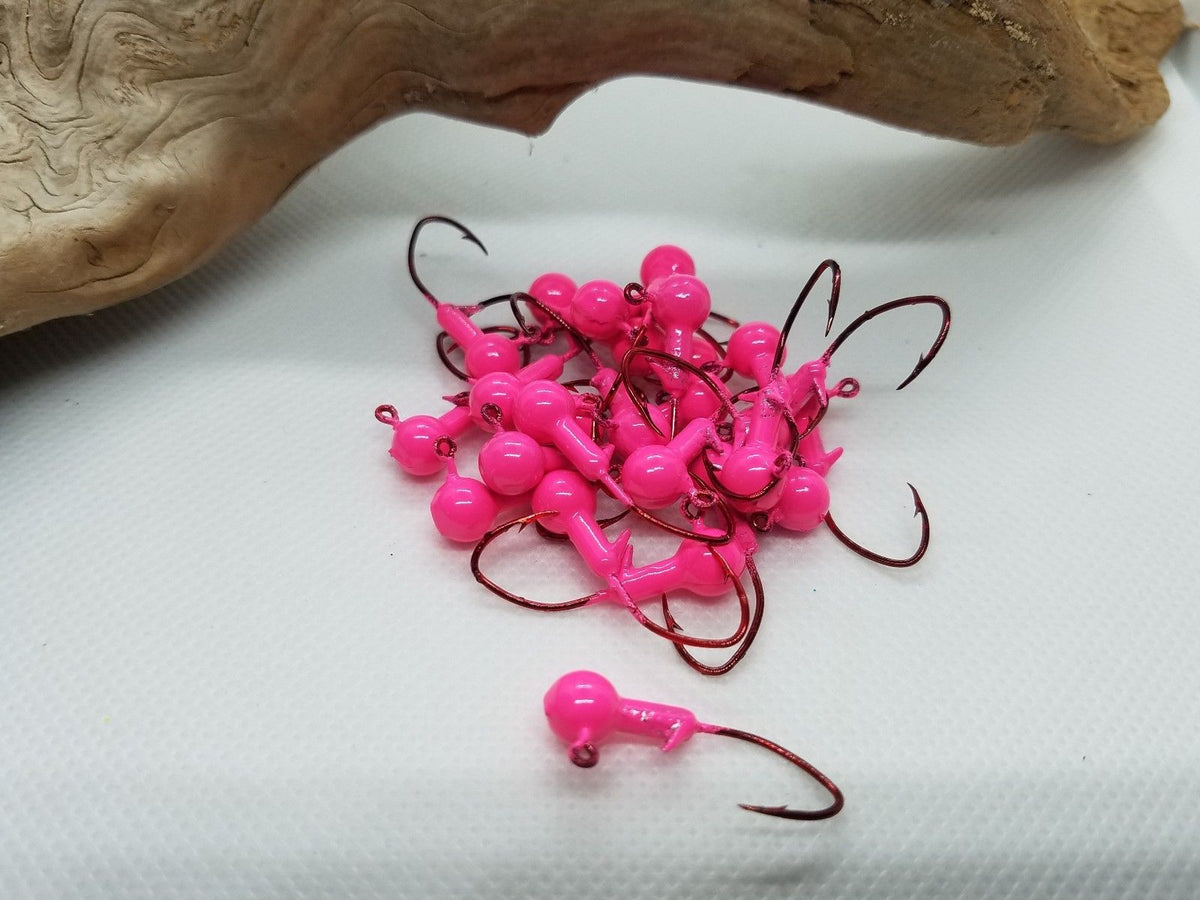 35 pk. 1/32 oz. Cam's Pink Painted Jigs with Collar and #2 Red Chrome NASTY BEND HOOK