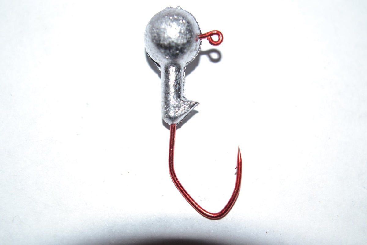 30 PK 1/4 oz ROUND JIG HEADS #1 BIG RED "NASTY BEND HOOKS" BARB COLLAR (DEEP WATER AND FISHING CURRENT)