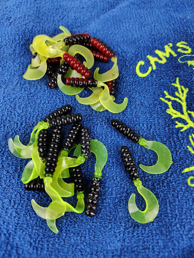 Cam's 2"(HOLOGRAM FLAKE) RED BLACK & CHARTREUSE/BLACK & CHARTREUSE 100pc (SPLIT SET) Curly Tail Crappie Soft Jigs [A Cam's Exclusive