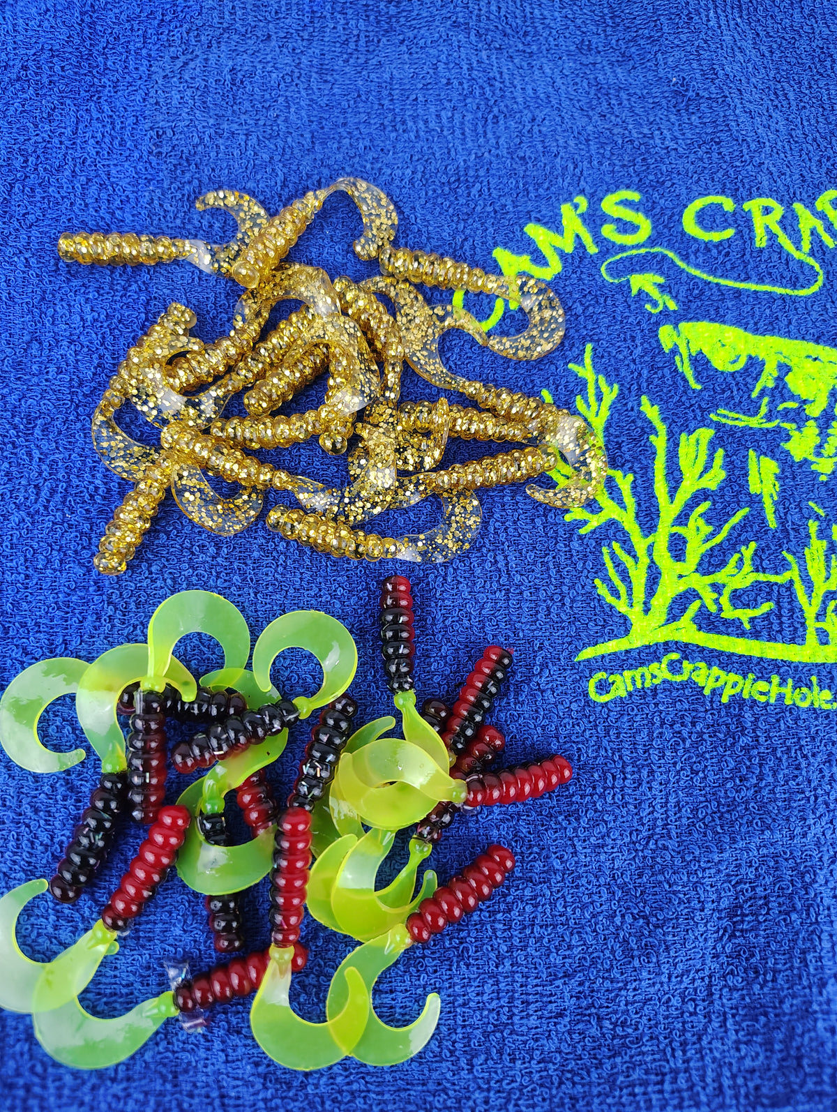 Cam's 2"(HOLOGRAM FLAKE) MR OCTOBER GOLD/RED BLACK & CHARTREUSE 100pc (SPLIT SET) Curly Tail Crappie Soft Jigs [A Cam's Exclusive