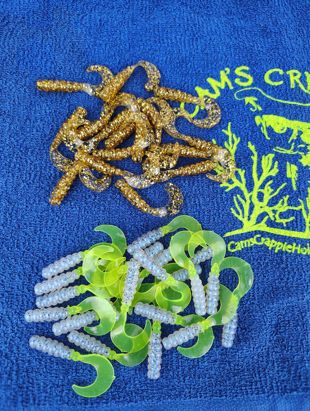 Cam's 2"(HOLOGRAM FLAKE) MR OCTOBER GOLD/MONKEY MILK & CHARTREUSE 100pc (SPLIT SET) Curly Tail Crappie Soft Jigs [A Cam's Exclusive