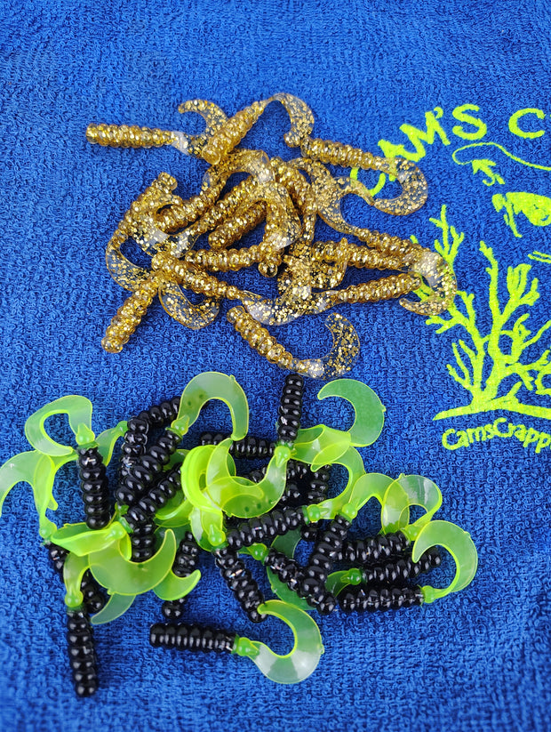 Cam's 2"(HOLOGRAM FLAKE) MR OCTOBER GOLD/BLACK & CHARTREUSE 100pc (SPLIT SET) Curly Tail Crappie Soft Jigs [A Cam's Exclusive