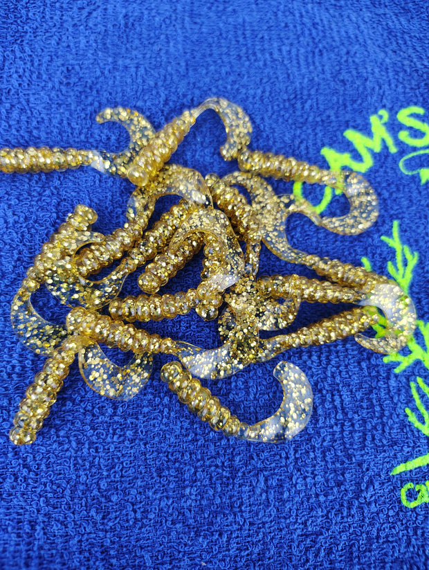 Cam's 2"(HOLOGRAM FLAKE) MR OCTOBER GOLD 100pc (SPLIT SET) Curly Tail Crappie Soft Jigs [A Cam's Exclusive