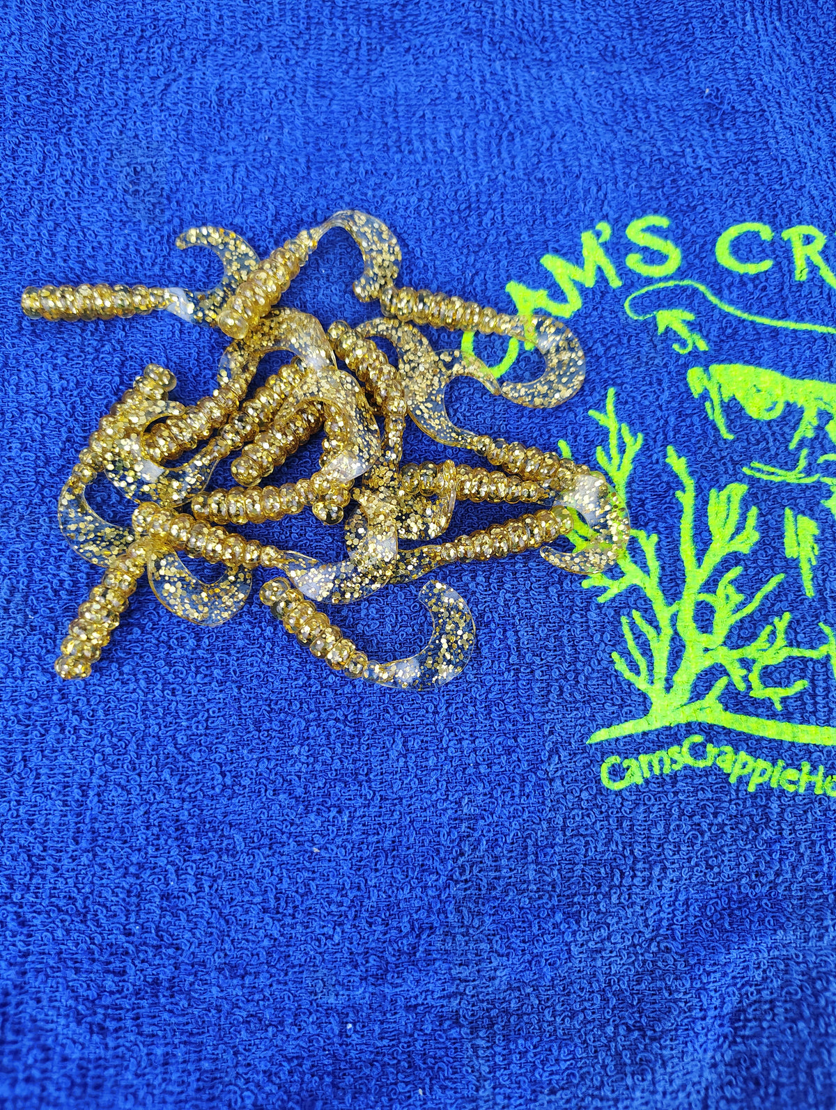 Cam's 2"(HOLOGRAM FLAKE) MR OCTOBER GOLD 100pc (SPLIT SET) Curly Tail Crappie Soft Jigs [A Cam's Exclusive