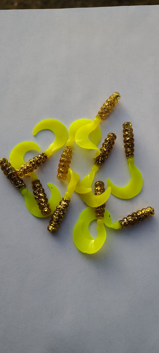 Cam's 2"(HOLOGRAM FLAKE) GOLDFINGER (SUNSHINE TAIL) 100pc Curly Tail Crappie Soft Jigs [A Cam's Exclusive