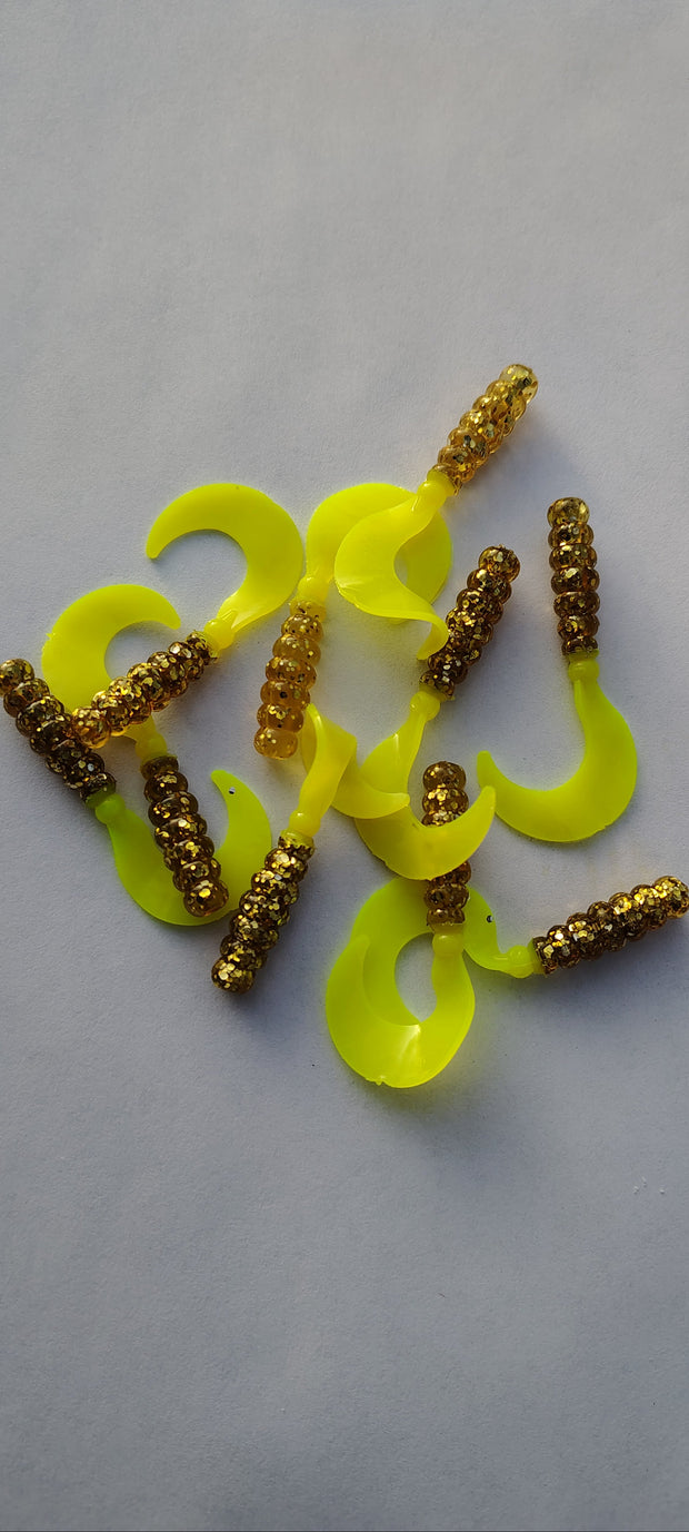 Cam's 2"(HOLOGRAM FLAKE) GOLDFINGER (SUNSHINE TAIL) 35pc Curly Tail Crappie Soft Jigs [A Cam's Exclusive