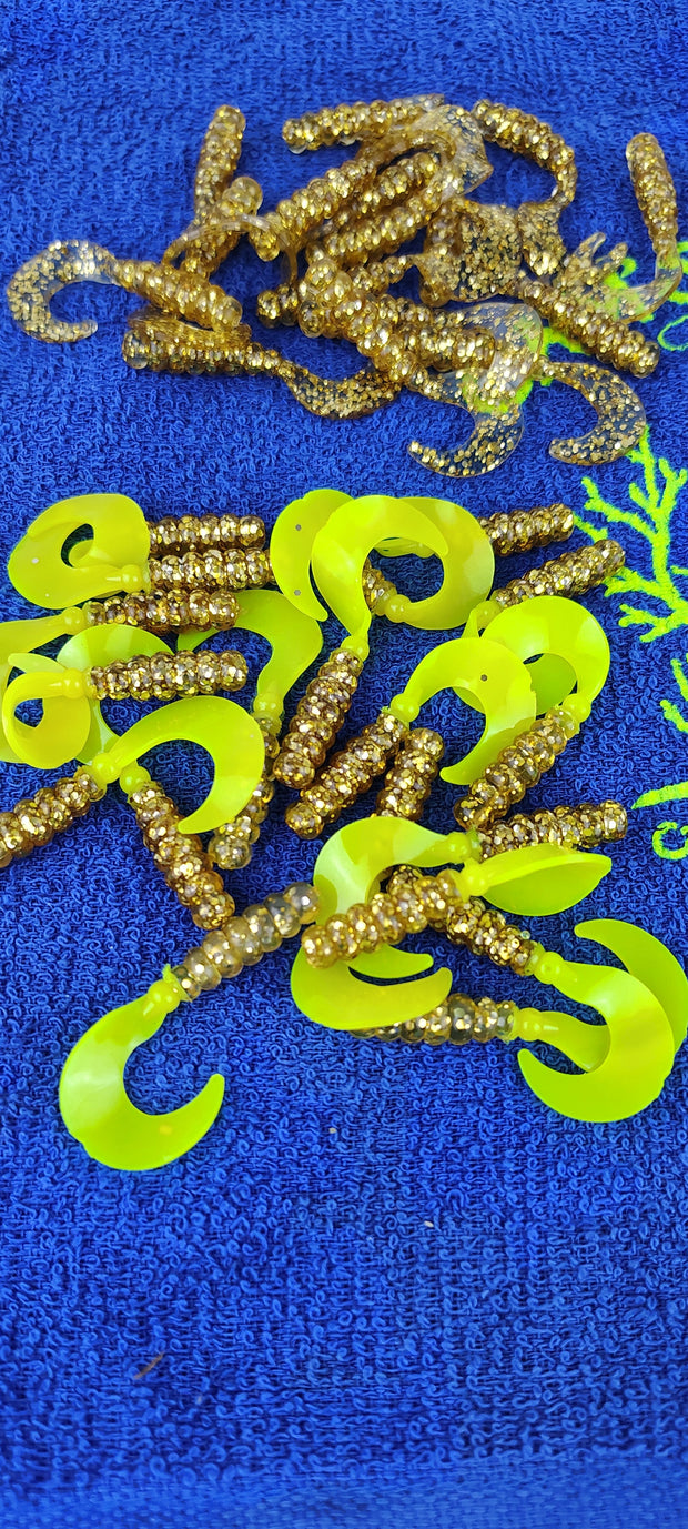 Cam's 2"(HOLOGRAM FLAKE) MR OCTOBER GOLD/GOLDFINGER SUNSHINE TAIL 100pc (SPLIT SET) Curly Tail Crappie Soft Jigs [A Cam's Exclusive]