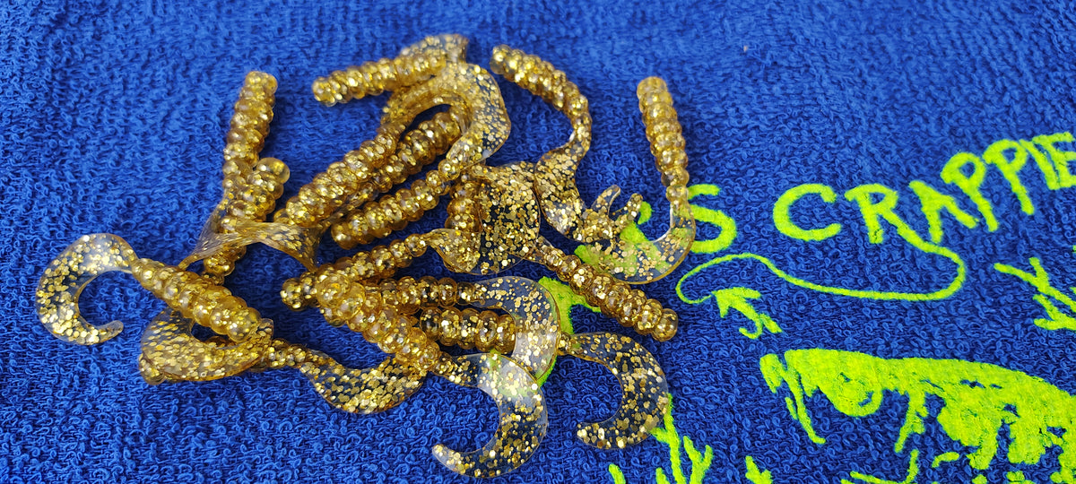 Cam's 2"(HOLOGRAM FLAKE) MR OCTOBER GOLD/GOLDFINGER SUNSHINE TAIL 100pc (SPLIT SET) Curly Tail Crappie Soft Jigs [A Cam's Exclusive]