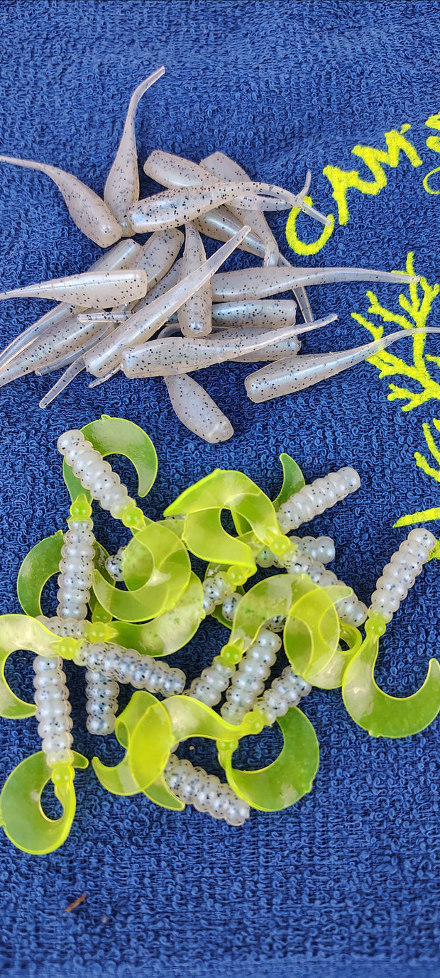 Cam's 2"(HOLOGRAM FLAKE) MONKEY MILK STINGER SHAD/MONKEY MILK & CHARTREUSE 100pc (SPLIT SET) Curly Tail Crappie Soft Jigs [A Cam's Exclusive]