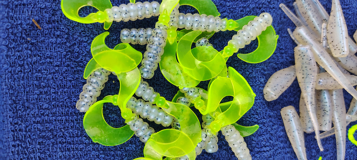 Cam's 2"(HOLOGRAM FLAKE) MONKEY MILK STINGER SHAD/MONKEY MILK & CHARTREUSE 100pc (SPLIT SET) Curly Tail Crappie Soft Jigs [A Cam's Exclusive]