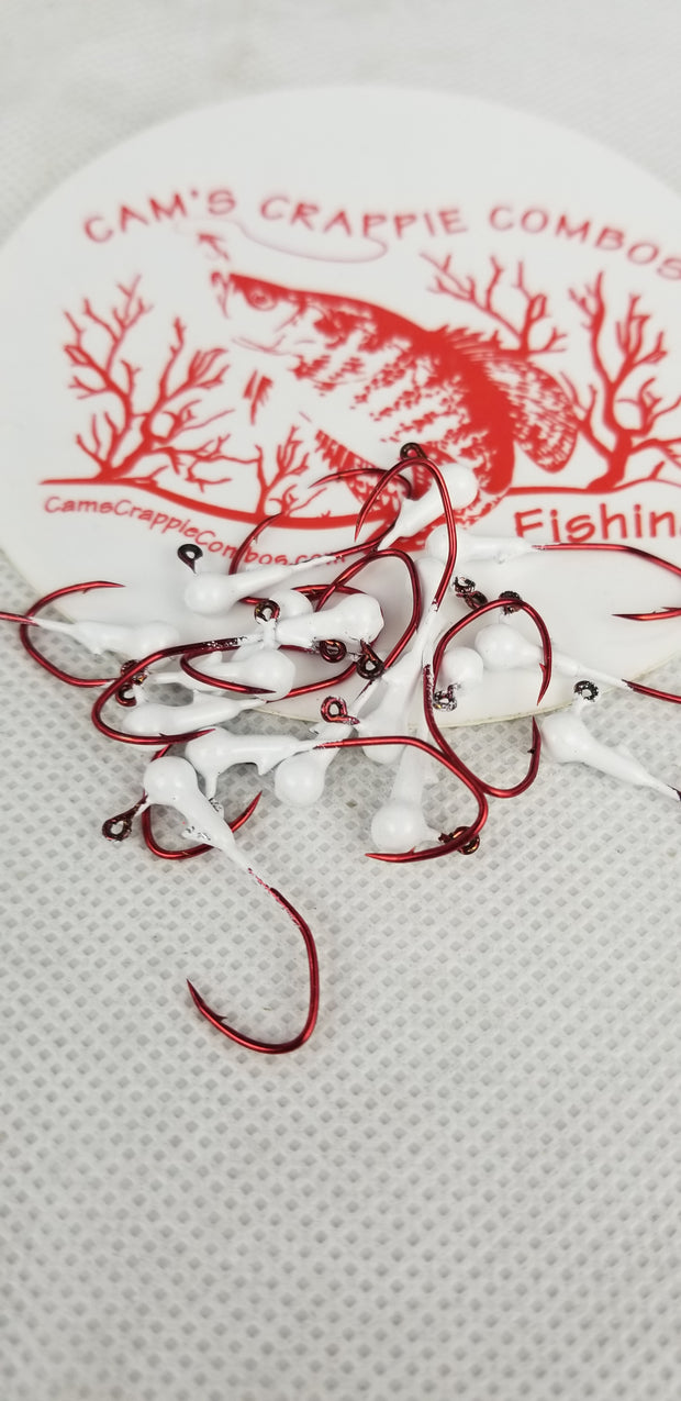 40 pk. 1/32 oz. Cam's "WHITE" Painted jigs with Collar and #2 Red Chrome "NASTY BEND HOOK"