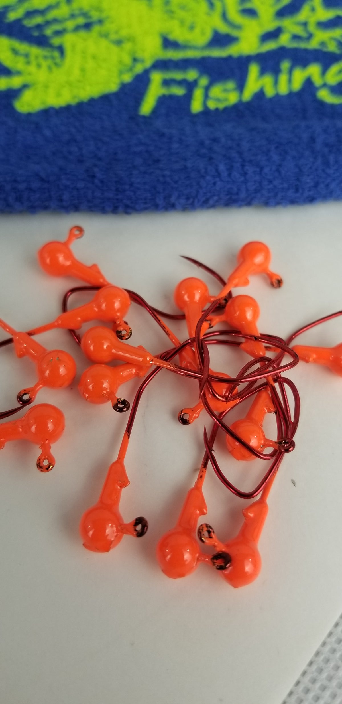 25ct.- 1/8oz. Painted Cam's DIESEL BUILT Orange Head w/ 1/0 Deadly Blood Redd Hooks (Chemically Sharpened)