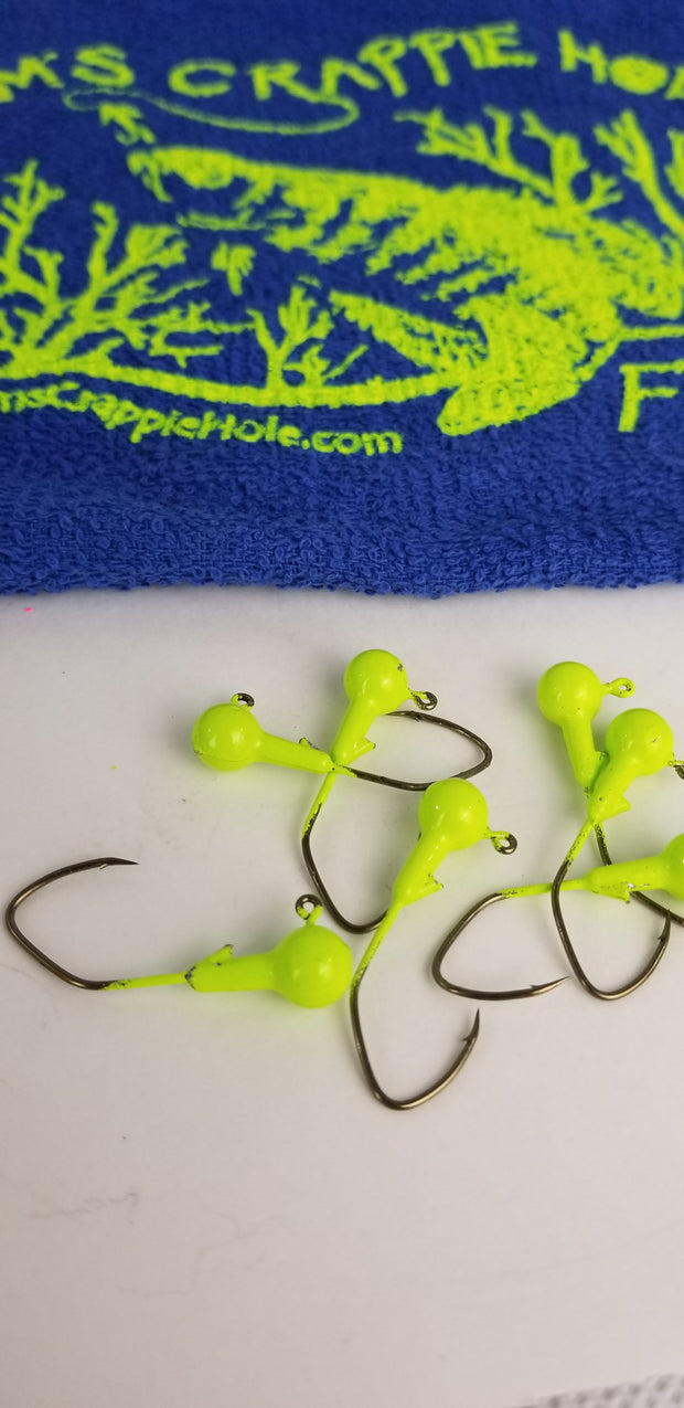 25ct.- 1/8oz. Painted Cam's DIESEL BUILT Chartreuse Head w/ 1/0 Deadly Bronze Hooks (Chemically Sharpened)