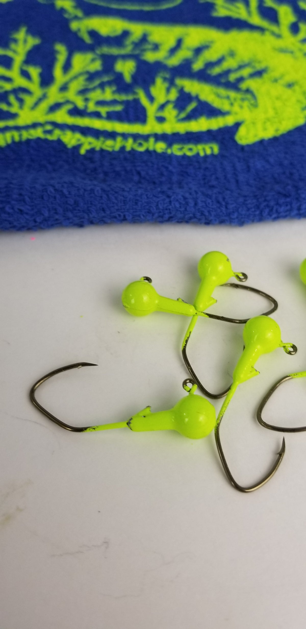 25ct.- 1/16oz. Painted Cam's DIESEL BUILT Chartreuse Head w/ 1/0 Deadly Bronze Hooks (Chemically Sharpened)