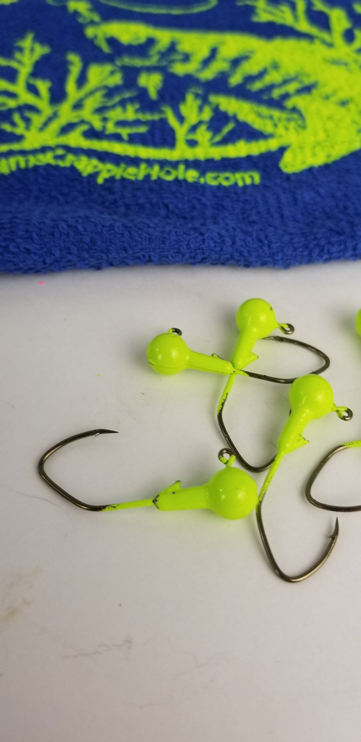 25ct.- 1/16oz. Painted Cam's DIESEL BUILT Chartreuse Head w/ 1/0 Deadly Bronze Hooks (Chemically Sharpened)