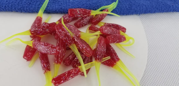 Cam's 2"(HOLOGRAM FLAKE) FIREBALL RED 100pc  Stinger Shad Crappie Soft Jigs  [A Cam's Exclusive]