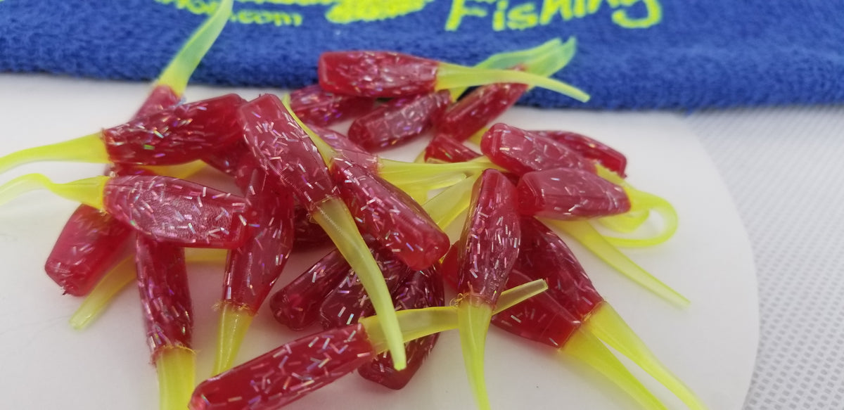 Cam's 2"(HOLOGRAM FLAKE) FIREBALL RED 35pc  Stinger Shad Crappie Soft Jigs  [A Cam's Exclusive]