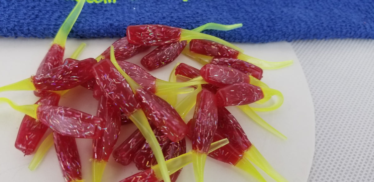 Cam's 2"(HOLOGRAM FLAKE) FIREBALL RED 35pc  Stinger Shad Crappie Soft Jigs  [A Cam's Exclusive]