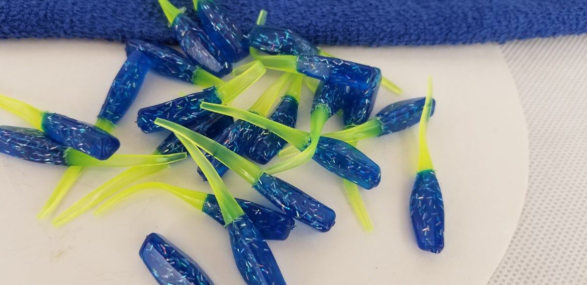 Cam's 2"(HOLOGRAM FLAKE) FIREBALL BLUE 35pc  Stinger Shad Crappie Soft Jigs  [A Cam's Exclusive]