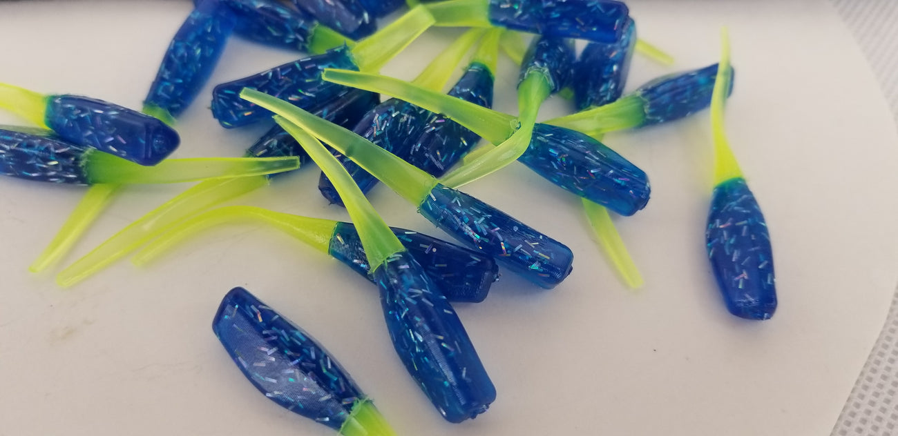 Cam's 2"(HOLOGRAM FLAKE) FIREBALL BLUE 35pc  Stinger Shad Crappie Soft Jigs  [A Cam's Exclusive]
