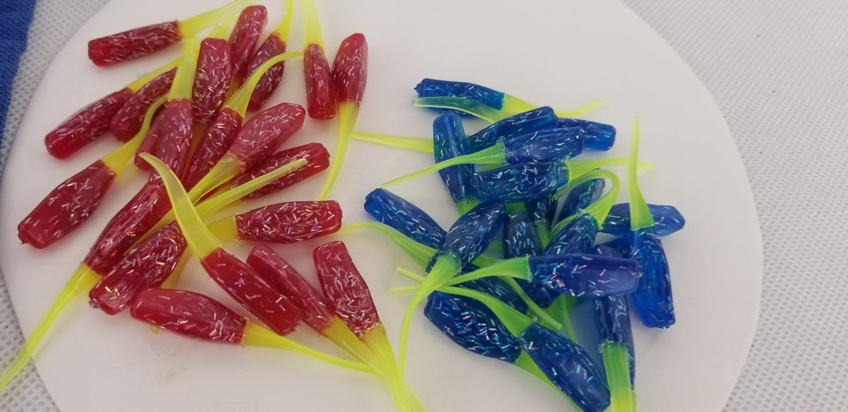 Cam's 2"(HOLOGRAM FLAKE) FIREBALL RED/ FIREBALL BLUE 100pc (SPLIT SET) Stinger Shad Crappie Soft Jigs  [A Cam's Exclusive]