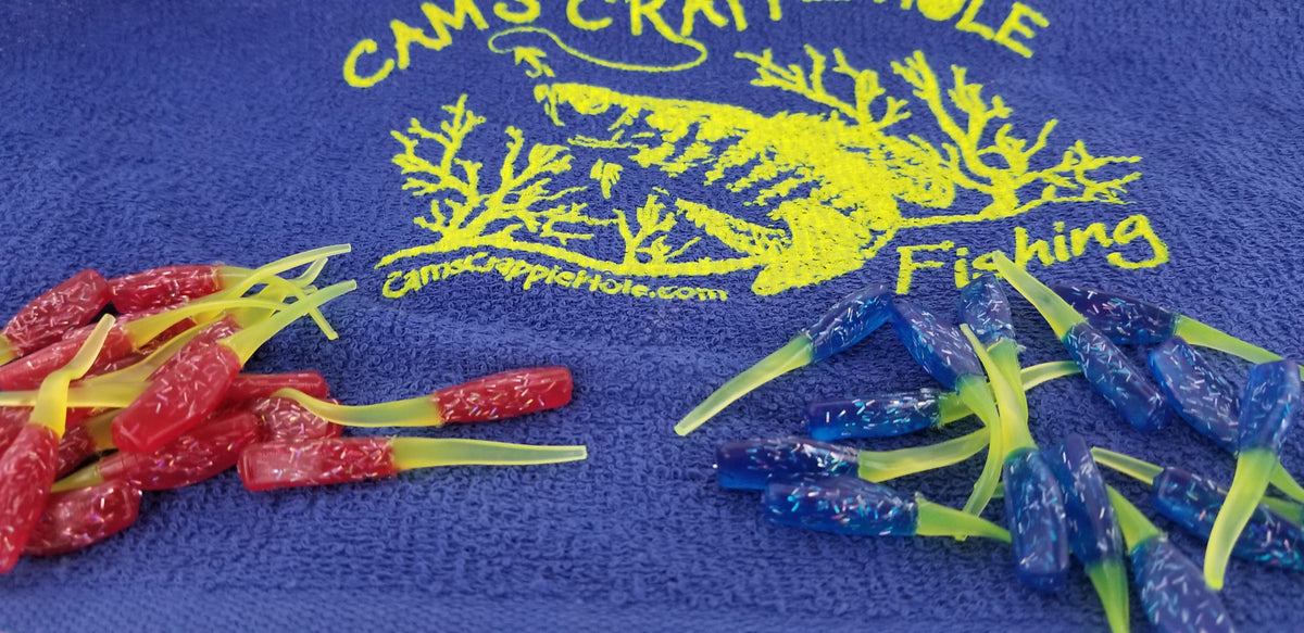 Cam's 2"(HOLOGRAM FLAKE) FIREBALL RED/ FIREBALL BLUE 100pc (SPLIT SET) Stinger Shad Crappie Soft Jigs  [A Cam's Exclusive]