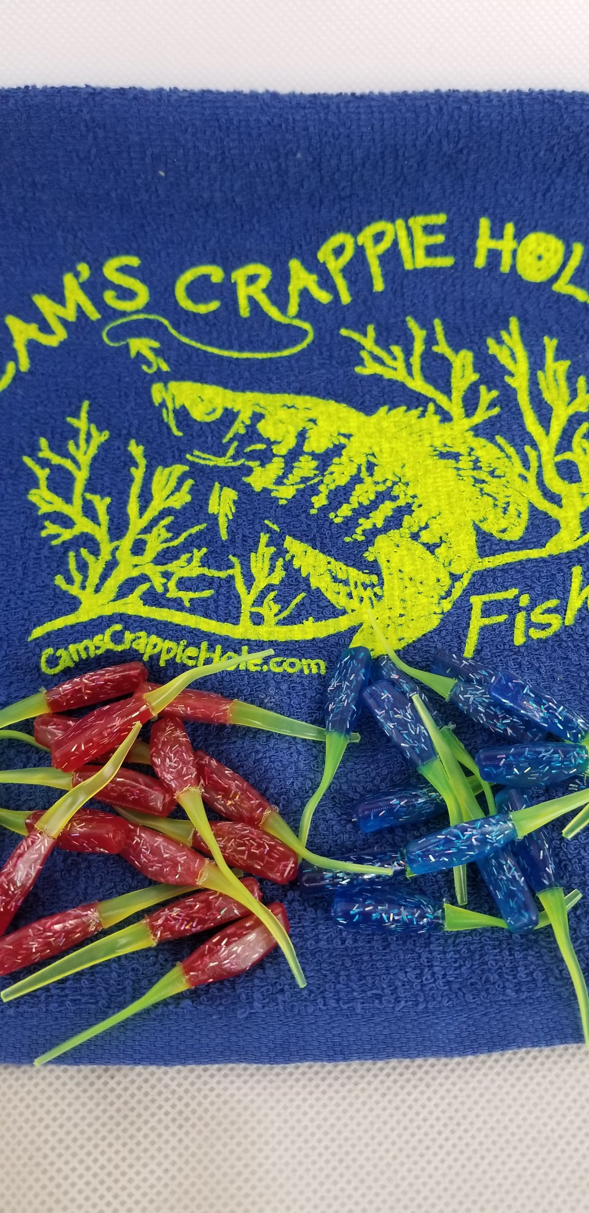 Cam's 2"(HOLOGRAM FLAKE) FIREBALL RED/ FIREBALL BLUE 100pc (SPLIT SET) Stinger Shad Crappie Soft Jigs  [A Cam's Exclusive]