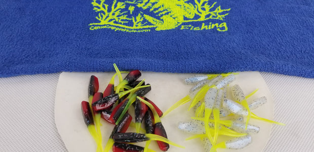 Cam's 2"(HOLOGRAM FLAKE) RED BLACK & CHARTREUSE/MONKEY MILK & CHARTREUSE 100pc (SPLIT SET) Stinger Shad Crappie Soft Jigs [A Cam's Exclusive]