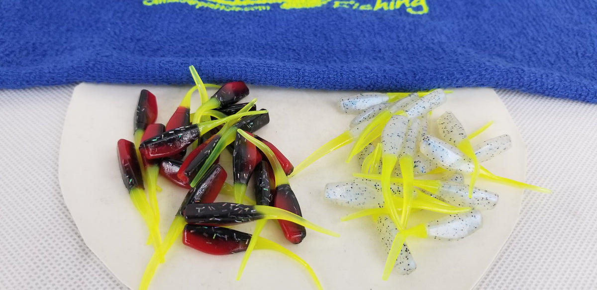 Cam's 2"(HOLOGRAM FLAKE) RED BLACK & CHARTREUSE/MONKEY MILK & CHARTREUSE 100pc (SPLIT SET) Stinger Shad Crappie Soft Jigs [A Cam's Exclusive]