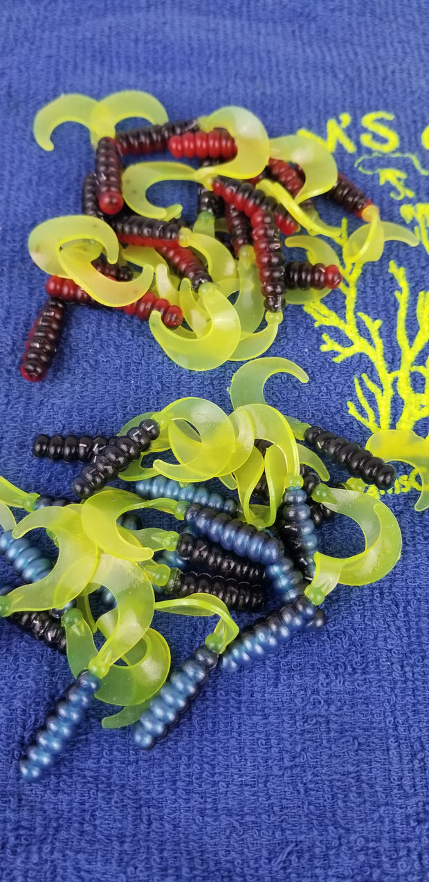 Cam's 2"(HOLOGRAM FLAKE) RED BLACK & CHARTREUSE/BLUE BLACK & CHARTREUSE 100pc (SPLIT SET) Curly Tail Crappie Soft Jigs [A Cam's Exclusive]