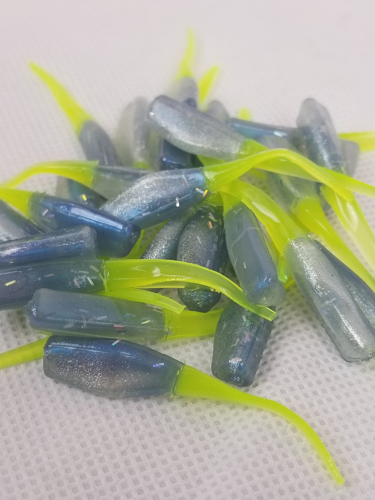 Cam's 2"(HOLOGRAM FLAKE)  Stinger Shad 40pc Spring Blue Ice & Chartreuse Tail Crappie Soft Jigs  [A Cam's Exclusive]