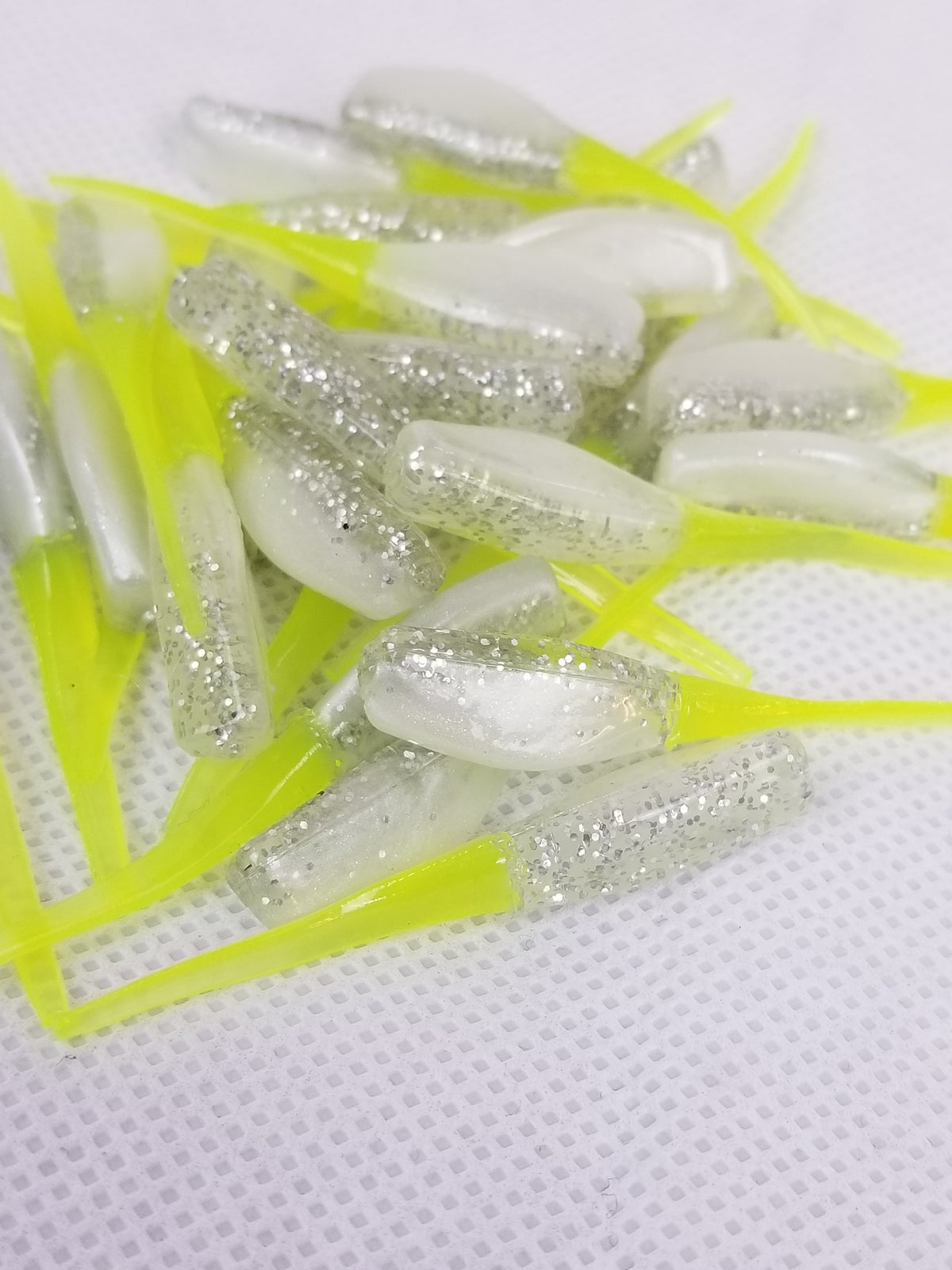 Cam's 2"(HOLOGRAM FLAKE)  Stinger Shad 40pc White Knight & Chartreuse Tail Crappie Soft Jigs [A Cam's Exclusive]