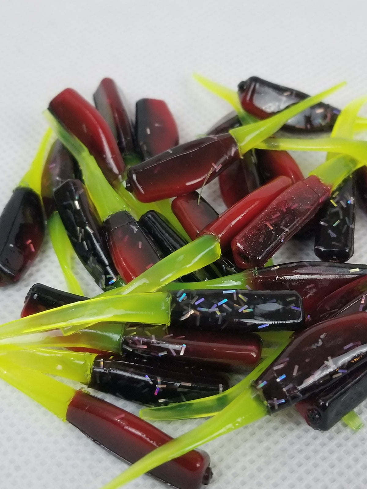 Cam's 2"(HOLOGRAM FLAKE)  Stinger Shad 40pc Red Black & Chartreuse Crappie Soft Jigs [A Cam's Exclusive]