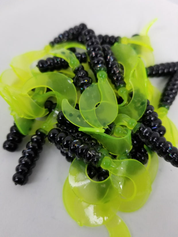 Cam's 2"(HOLOGRAM FLAKE)  Curly Tail Grub 40pc Black & Chartreuse Curly Tail Crappie Soft Jigs  [A Cam's Exclusive]