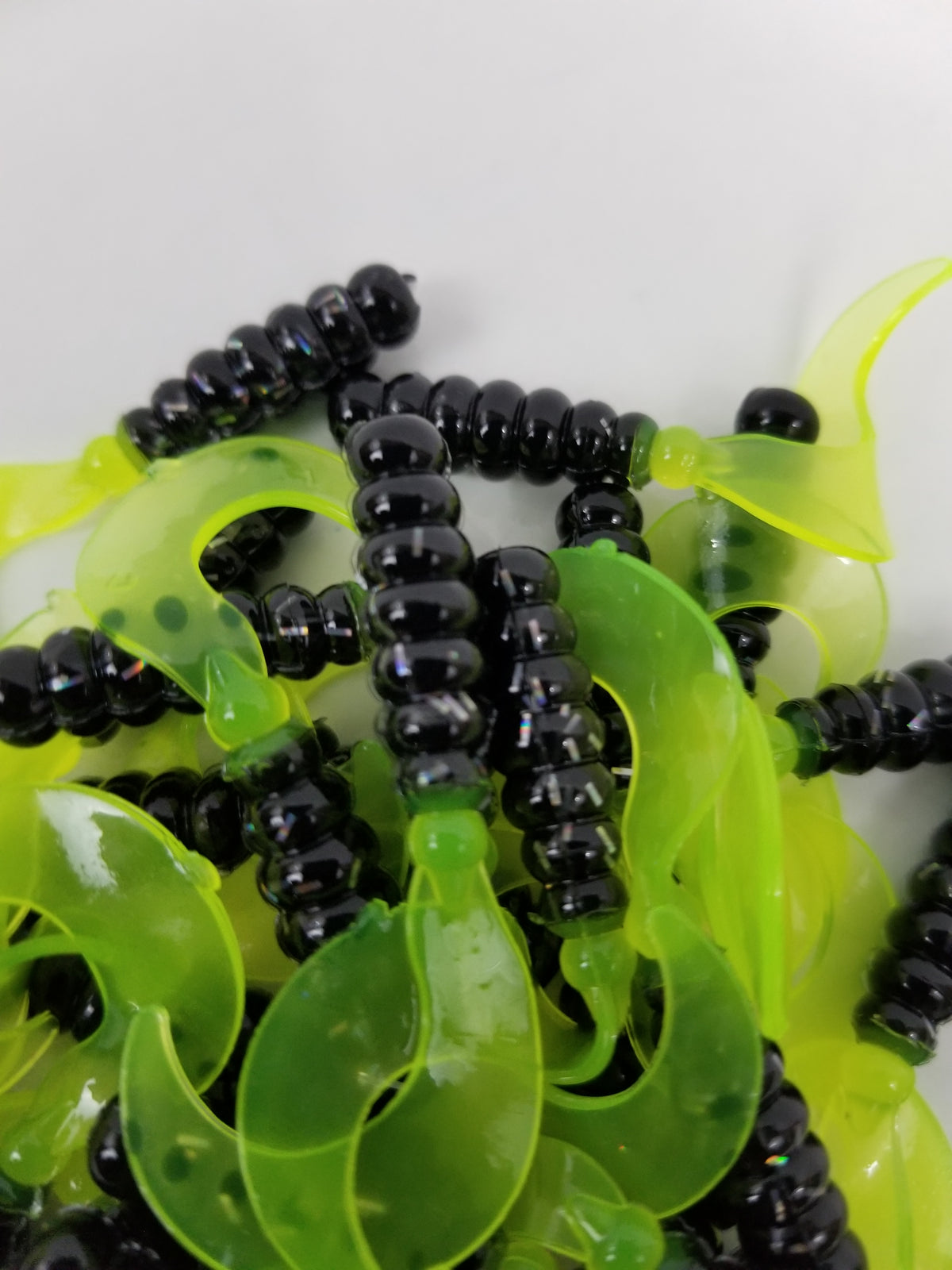 Cam's 2"(HOLOGRAM FLAKE)  Curly Tail Grub 40pc Black & Chartreuse Curly Tail Crappie Soft Jigs  [A Cam's Exclusive]