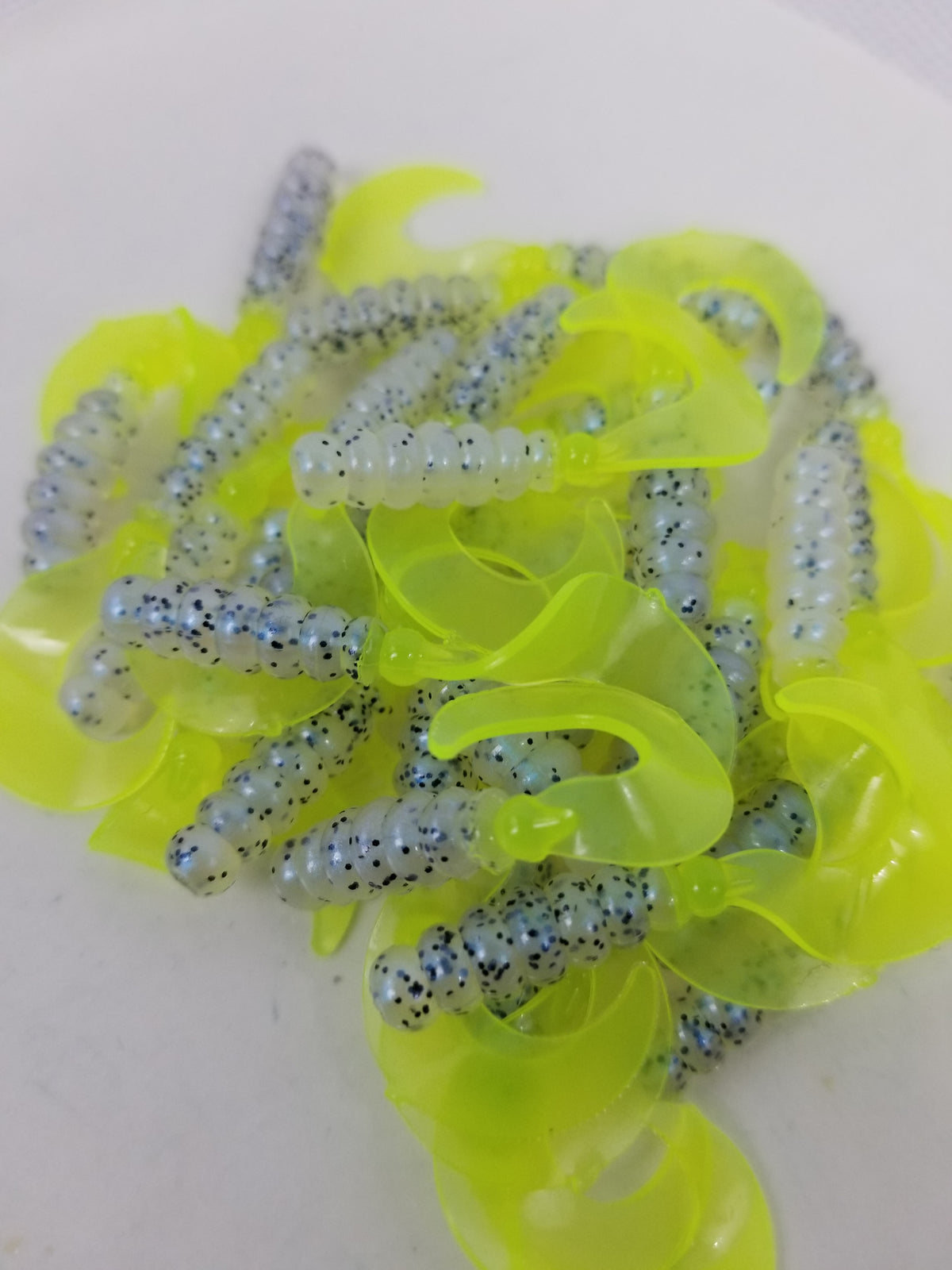 2023 Cam's 2"(HOLOGRAM FLAKE)  Curly Tail Grub 40pc Monkey Milk & Chartreuse Curly Tail Crappie Soft Jigs  [A Cam's Exclusive]