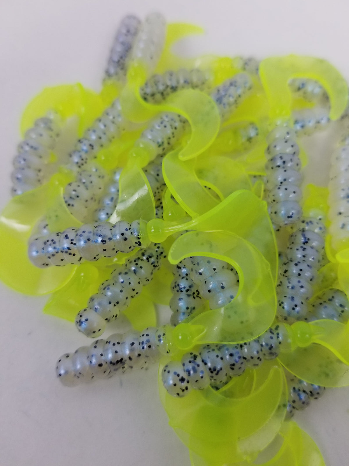 2023 Cam's 2(HOLOGRAM FLAKE) Curly Tail Grub 40pc Monkey Milk & Chartreuse  Curly Tail Crappie Soft Jigs [A Cam's Exclusive]