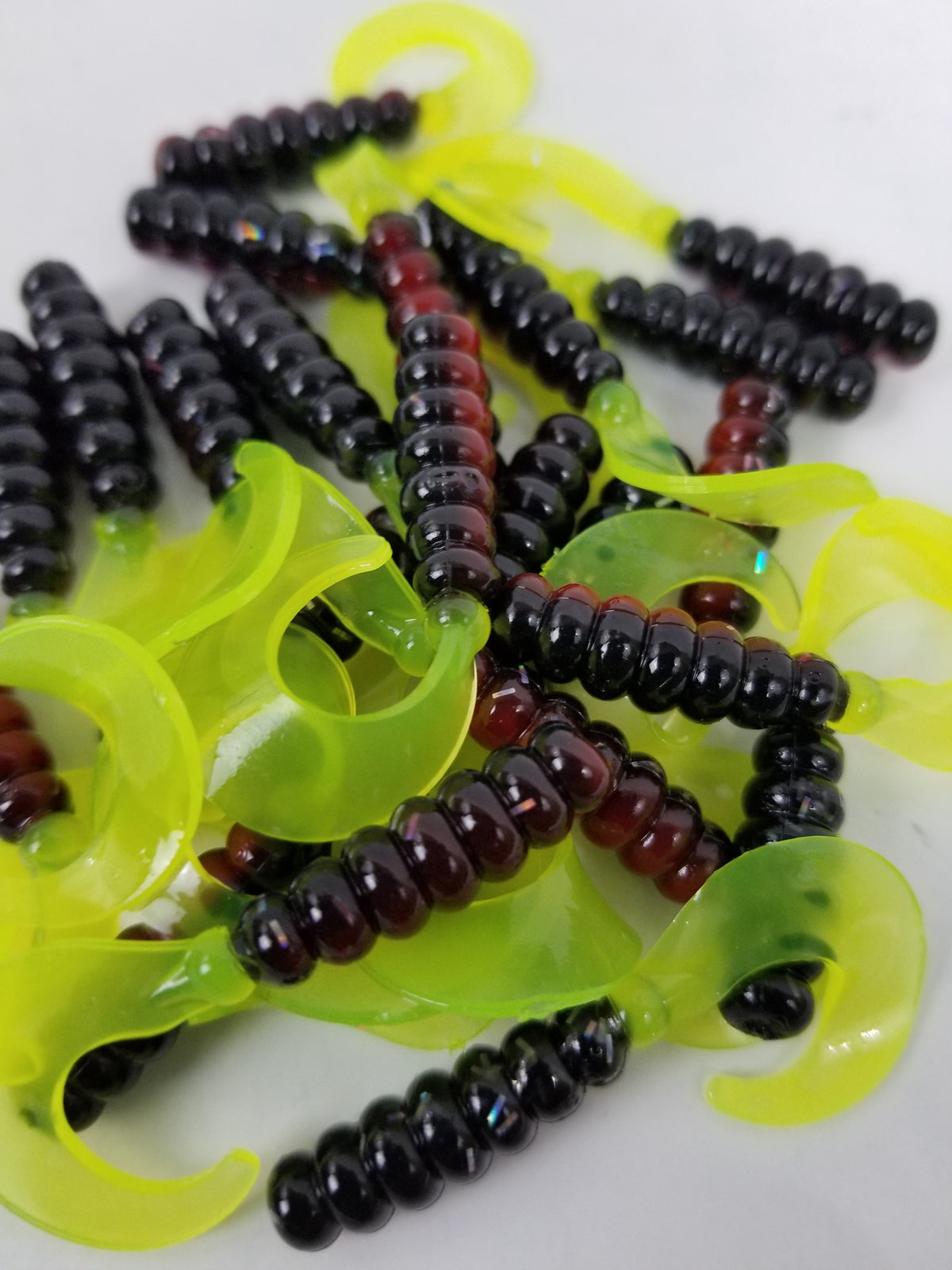 2023 Cam's 2"(HOLOGRAM FLAKE)  Curly Tail Grub 40pc Red Black & Chartreuse Curly Tail Crappie Soft Jigs  [A Cam's Exclusive]