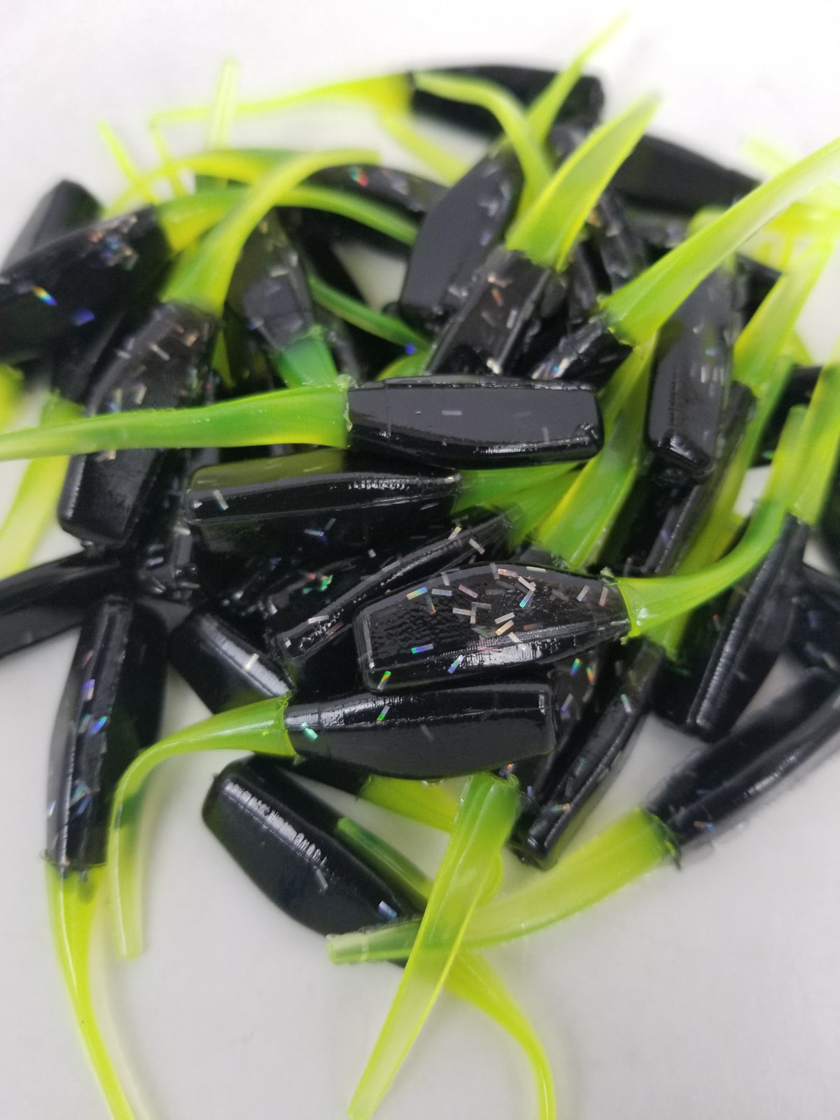 2023 Cam's 2"(HOLOGRAM FLAKE)  Stinger Shad 40pc Black & Chartreuse Crappie Soft Jigs [A Cam's Exclusive]